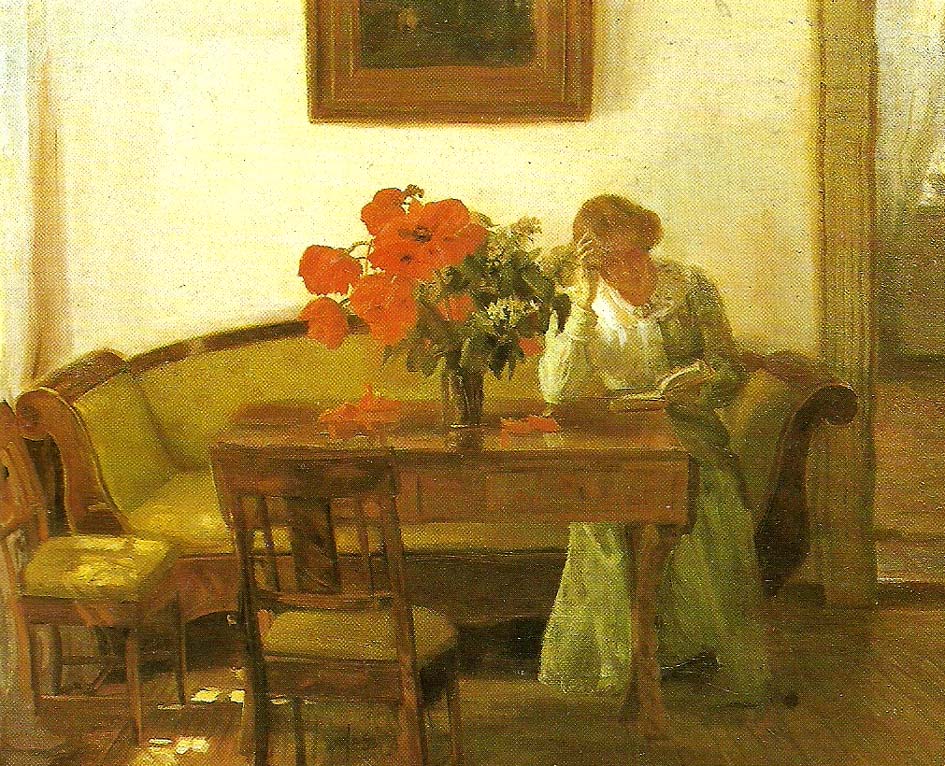 Anna Ancher valmuer pa et bord foran en lasende dame